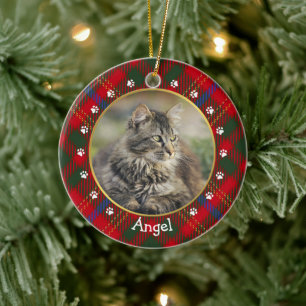 Foto für Karierte Weihnachtskatzenbekleidung Keramik Ornament