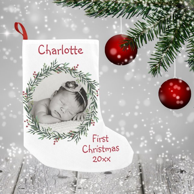 Foto für Kinder - Erste Weihnachten - Jahr des Nam Kleiner Weihnachtsstrumpf (Baby's Photo - First Christmas - Name Year - Small Christmas Stocking)