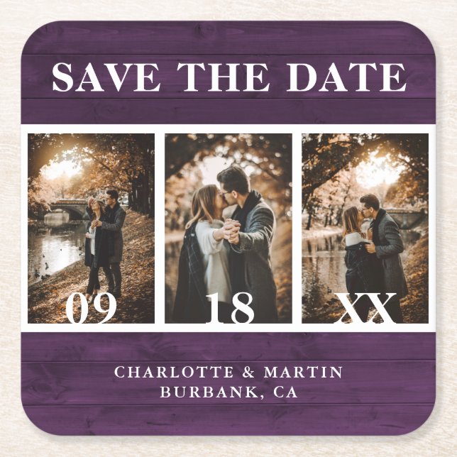 Foto für lila Holzhochzeit Save the Date Rechteckiger Pappuntersetzer (Vorderseite)