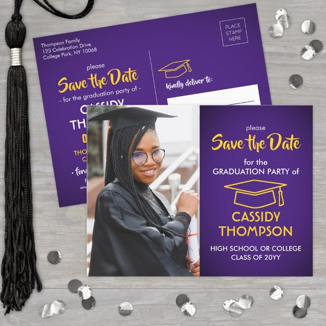 Foto für lila und Gold-Abschluss Save the Date Postkarte (Von Creator hochgeladen)