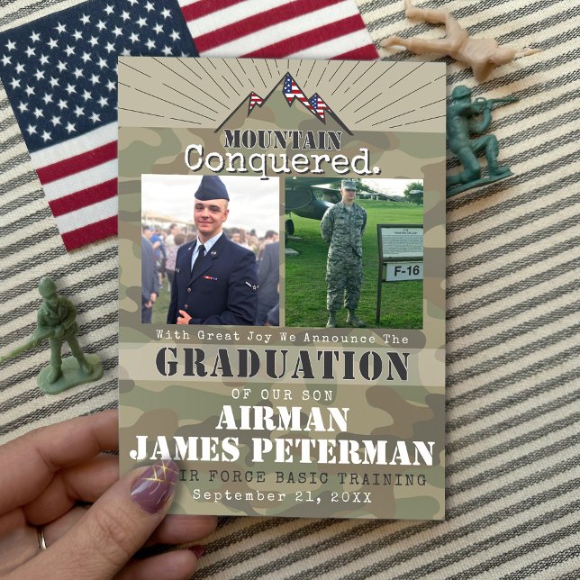 Foto für militärische Grundausbildung in Berggebie Ankündigung (mountain conquered military basic training graduation social media post announcement, air force army)