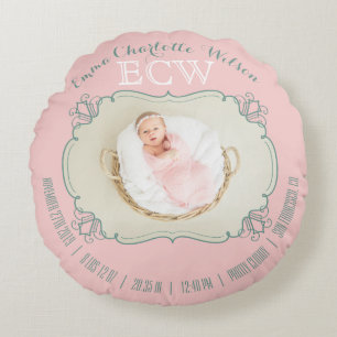 Foto für Neugeborene Monogram Rosa Green Frame Rundes Kissen