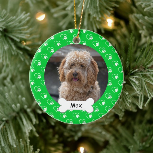 Foto für Puppy-Hunde mit grünen Herzen Keramik Ornament (Baum)