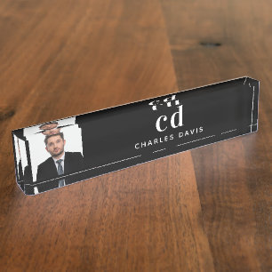Foto für Schwarz-weiße Monogramm-Initialen Namensplakette