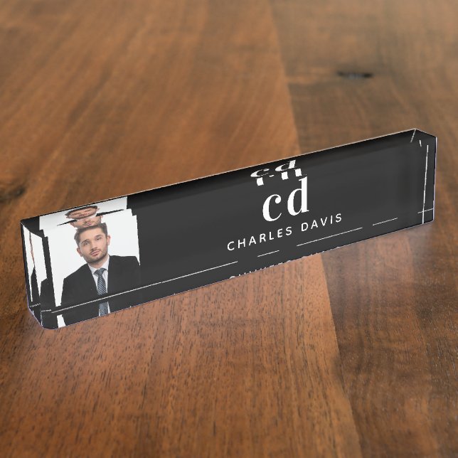 Foto für Schwarz-weiße Monogramm-Initialen Namensplakette (Seite)