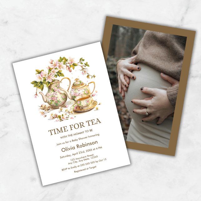 Foto für Tea Baby Dusche mit Blumenkohl Einladung (Floral Teapot Photo Time for Tea Baby Shower Invitation )