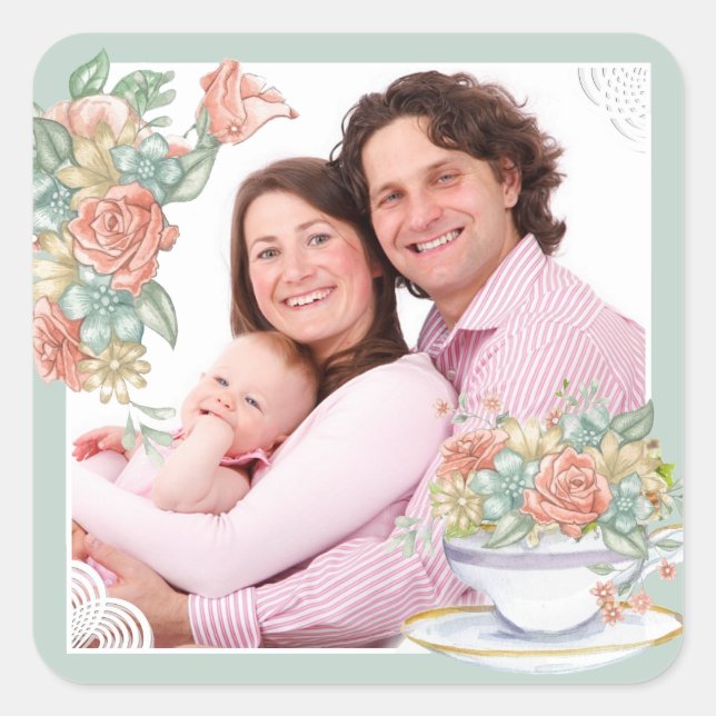 Foto für Wasserfarben und Teacup Quadratischer Aufkleber (Vorderseite)