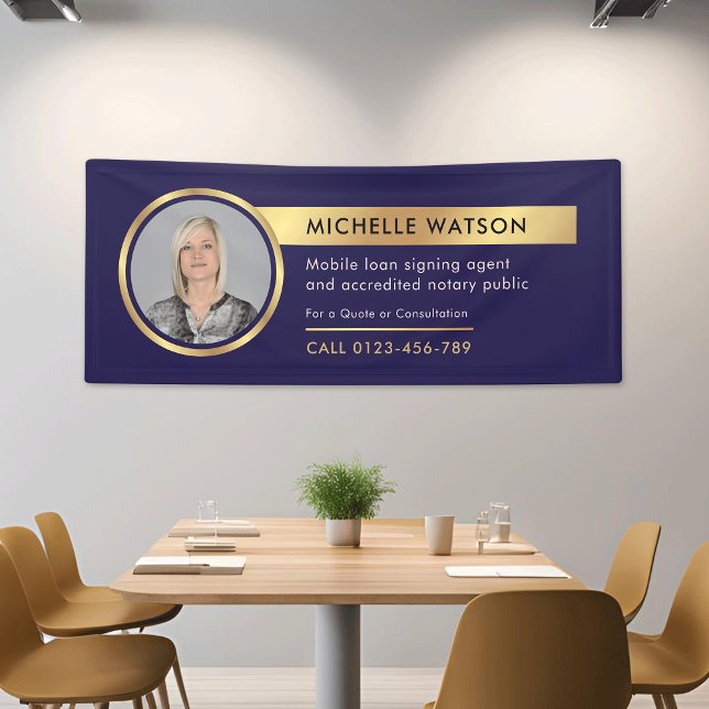 Foto für Werbung für Unternehmen in Navy & Gold Banner (Corporate navy & gold photo promotional fabric banner *mockup background photo is Ai generated)