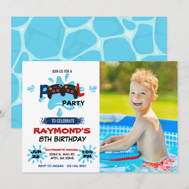 Foto Gamer Pool Party Geburtstag Einladung (Vorne/Hinten)