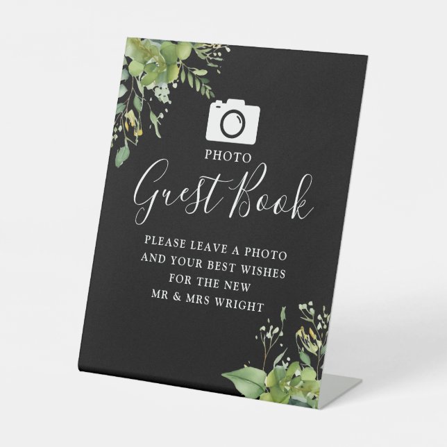 Foto Gästebuch Grün Schwarz und Weiß Hochzeit Sockelschild (Vorderseite)