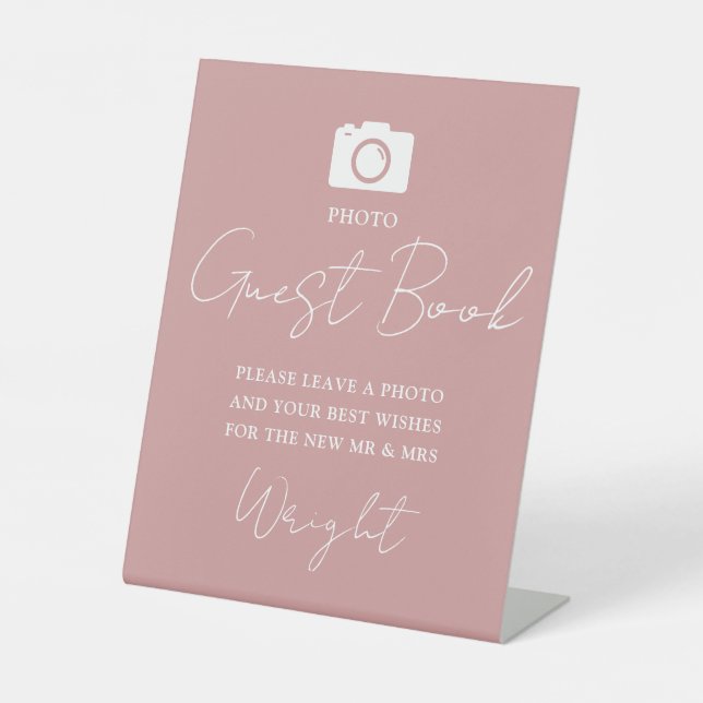 Foto Gästebuch Skript Dusty Rose Pink Wedding Sockelschild (Vorderseite)