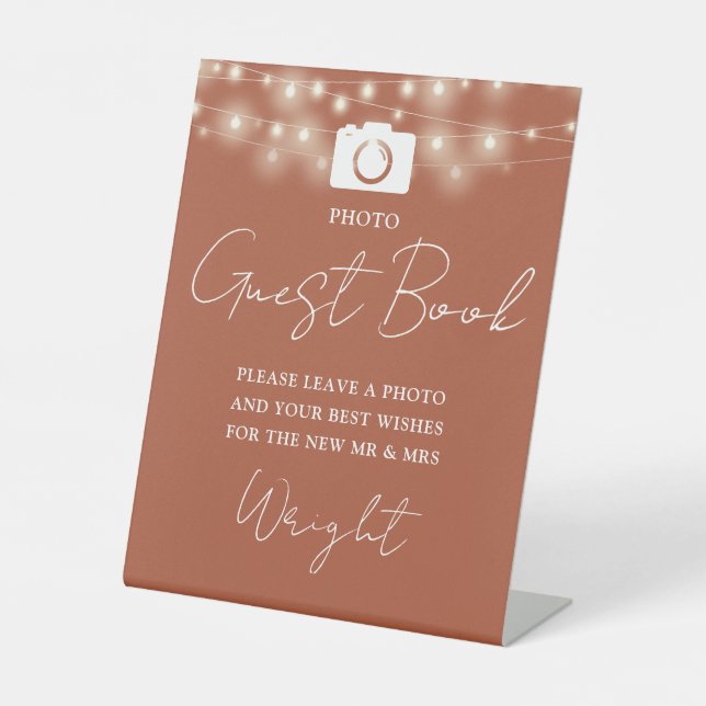 Foto Gästebuch Terracotta String Lights Wedding Sockelschild (Vorderseite)