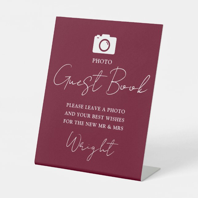 Foto Gästebuchskript Burgundy Red Wedding Sockelschild (Vorderseite)