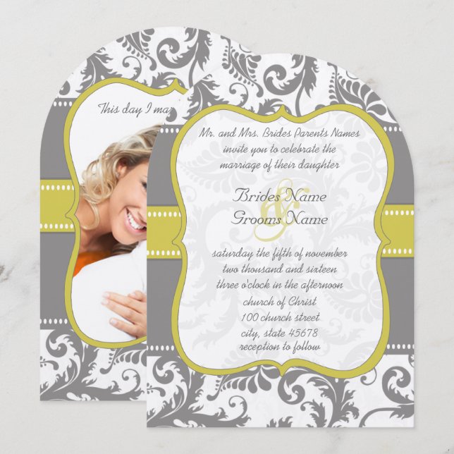 Foto Gelb & Grau Vintag Damask Einladung (Vorne/Hinten)