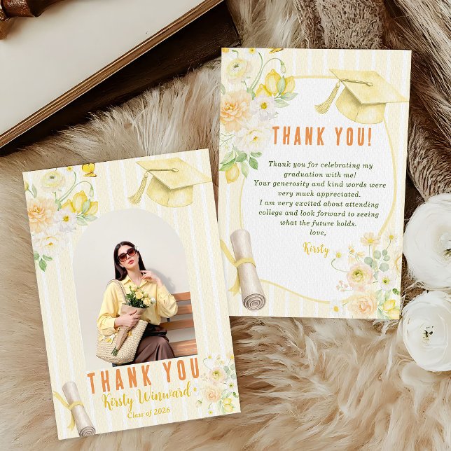 Foto Gelbe Streifen Zitronen und Blumen Abschluss Dankeskarte (Von Creator hochgeladen)