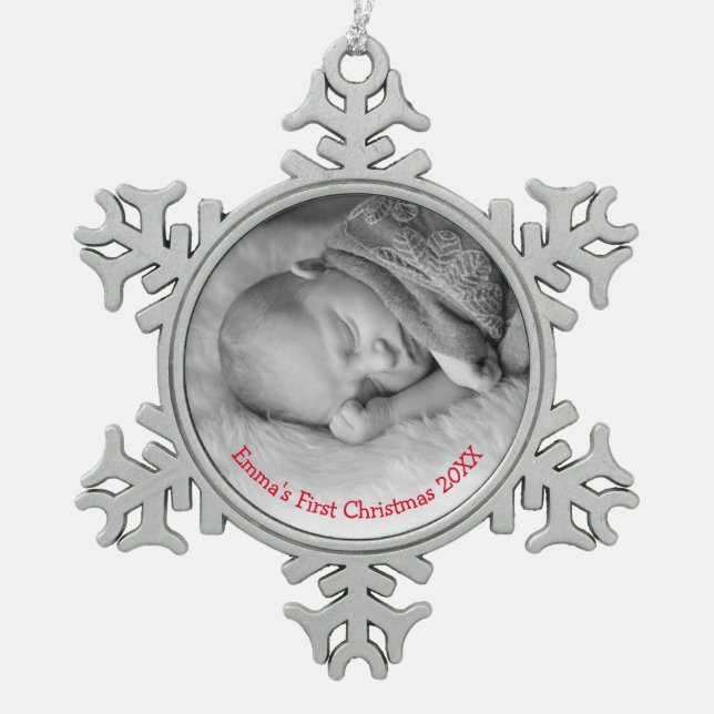 Foto Gender Neutral Red Babys Erste Weihnachtsfeie Schneeflocken Zinn-Ornament (Vorderseite)