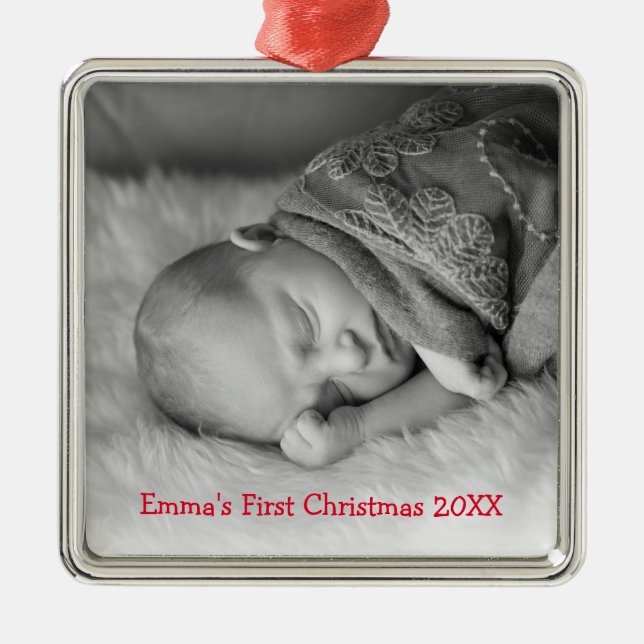Foto Gender Neutral Red Babys Erste Weihnachtsfeie Silbernes Ornament (Vorne)