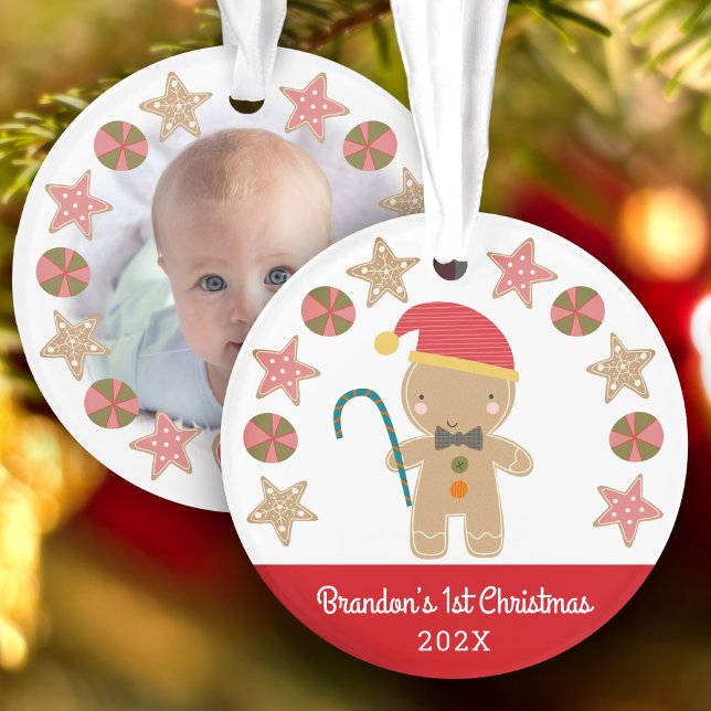 Foto Gingerbread Boy Baby First Christmas Red Ornament (Von Creator hochgeladen)