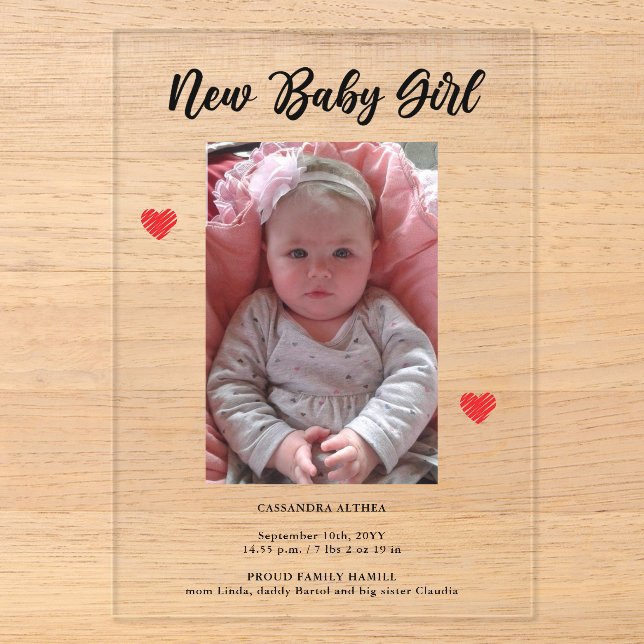 Foto Girl Birth Ankündigung Akronylic Card (Vorderseite)