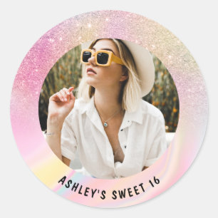 Foto Girly chic rosa Glitzer Marmor Sweet 16 Runder Aufkleber