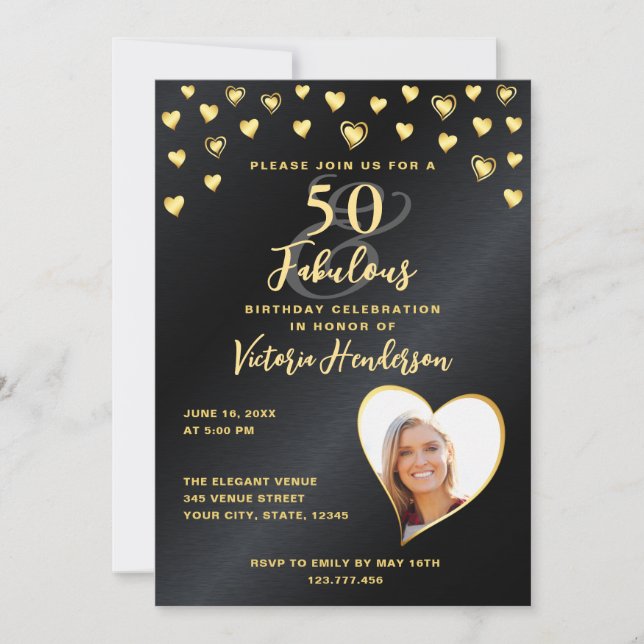 Foto Glam Black & Gold 50 und fabelhafte Geburtsta Einladung (Vorderseite)