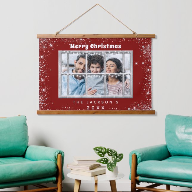 Foto-Glitzer-Weihnachtsfenster aus Silber Wandteppich Mit Holzrahmen (Wohnzimmer)