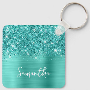 Foto Glitzerndes Türkis Glamour Schrift Name Schlüsselanhänger