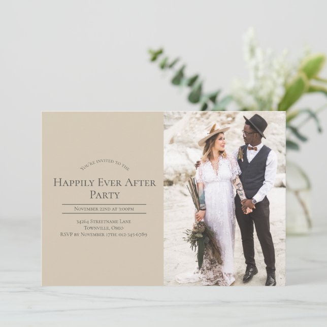 Foto glücklich immer nach Hochzeit Empfang Party Einladung (Stehend Vorderseite)