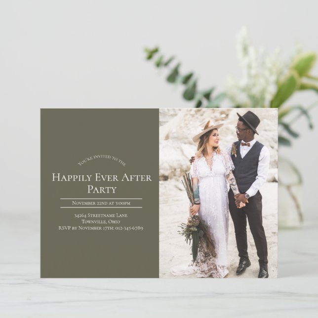 Foto glücklich immer nach Hochzeit Empfang Party Einladung (Stehend Vorderseite)