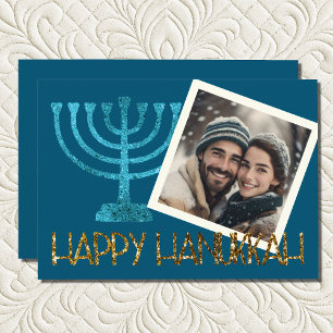 Foto Gold Blue Menorah Hanukkah Card Feiertagskarte