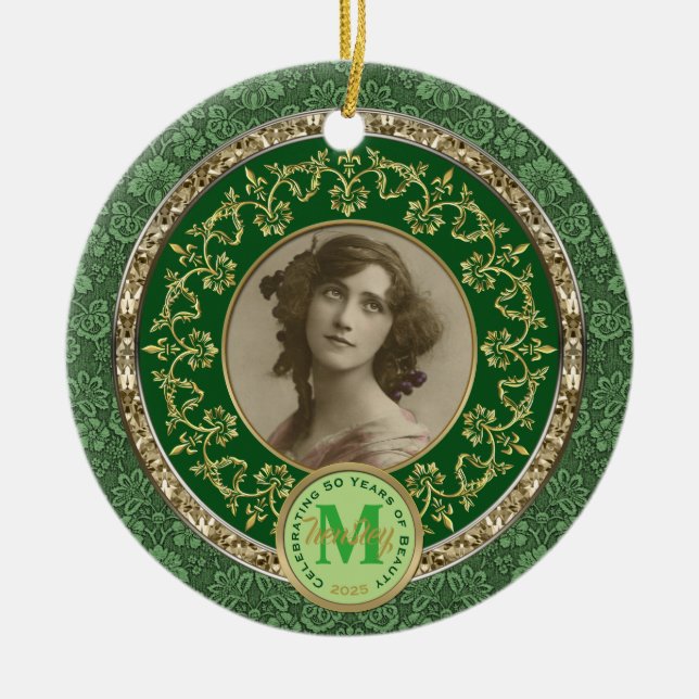 Foto Gold Classic Damask Gedenkgrün Keramik Ornament (Vorne)