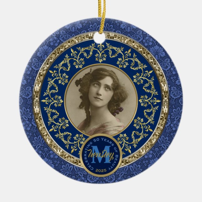 Foto Gold Classic Damask Gedenkstein Dunkelblau Keramik Ornament (Vorne)