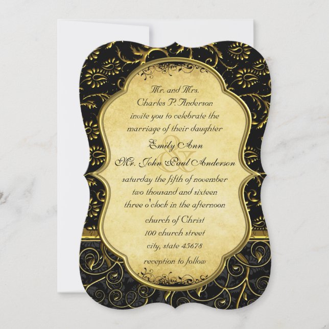 Foto Gold Damask Wirbel Hochzeit Einladung (Vorderseite)