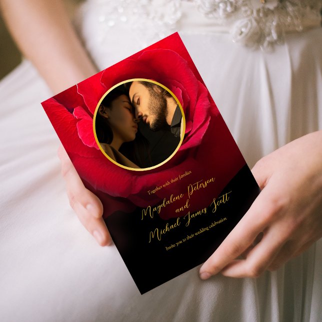 Foto Gold Frame Rote Rose | Schwarze Hochzeit Einladung (Von Creator hochgeladen)