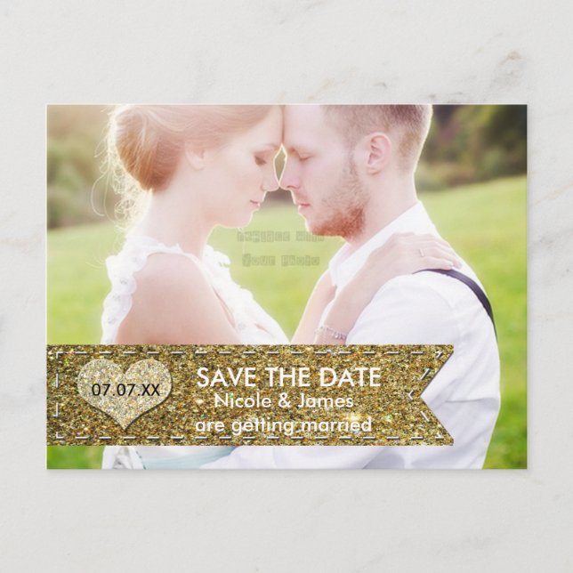 FOTO Gold Glitzer Banner SAVE THE DATE Postkarte (Vorderseite)