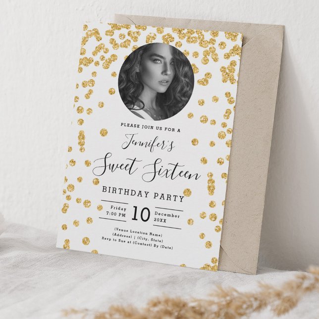 FOTO Gold Glitzer Confetti Sweet 16 Party Einladung (PHOTO Gold Glitter Confetti Sweet 16 Party Invitation)