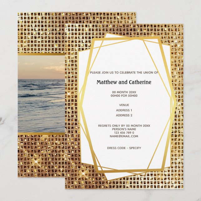 Foto Gold Glitzer geometrischer Rahmen DIY Budget Einladung (Vorne/Hinten)