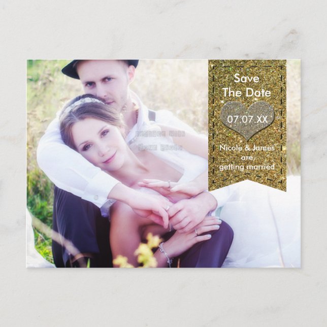 FOTO Gold GLITZER Herz SAVE THE DATE Postkarte (Vorderseite)