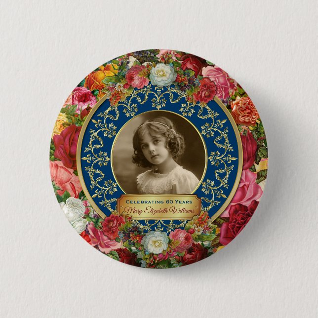 Foto Gold großartige Rose Gedenkfeier Dunkelblau Button (Vorderseite)