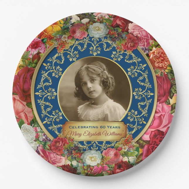 Foto Gold großartige Rose Gedenkfeier Dunkelblau Pappteller (Vorderseite)