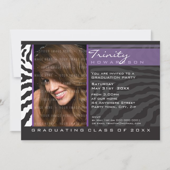 FOTO GRAD PARTY INVITE zebrastreifen lila Einladung (Vorderseite)