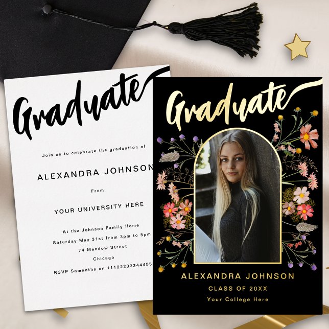 Foto-Gradrate-Studium-Party-Skript Folieneinladung (Boho floral arch graduate photo stylish gold foil calligraphy black graduation party invitation )