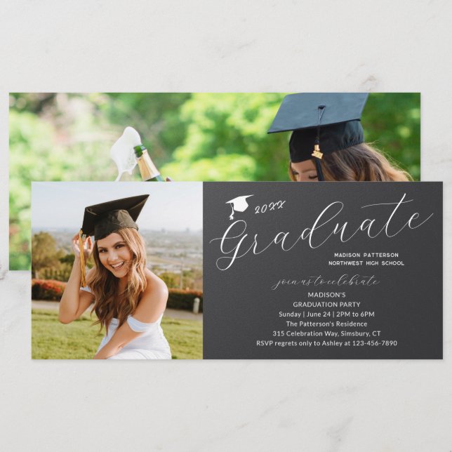 Foto Graduation Party Elegante Moderne Skripte Einladung (Vorne/Hinten)