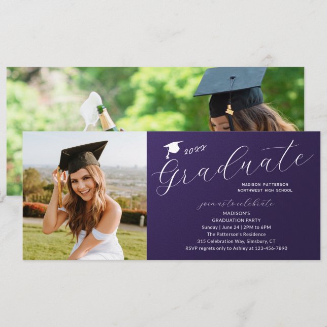 Foto Graduation Party Elegante Moderne Skripte Einladung (Vorne/Hinten)