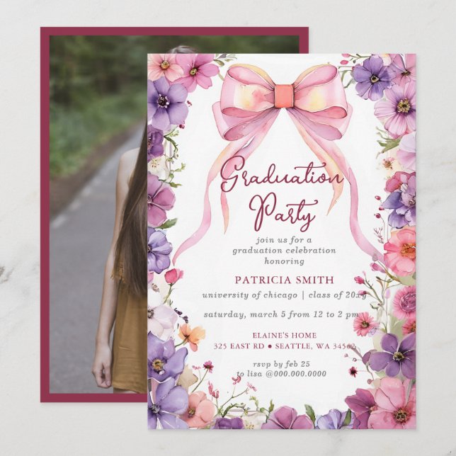 Foto Graduation Party für Blumenrosa Einladung (Vorne/Hinten)