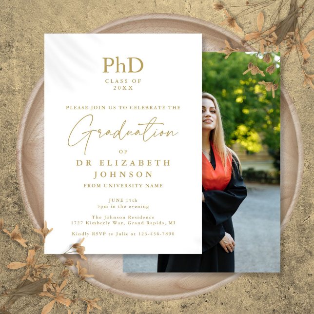 Foto Graduation Party für Gold Script Einladung (Gold Script PhD Degree Photo Graduation Party Invitation)