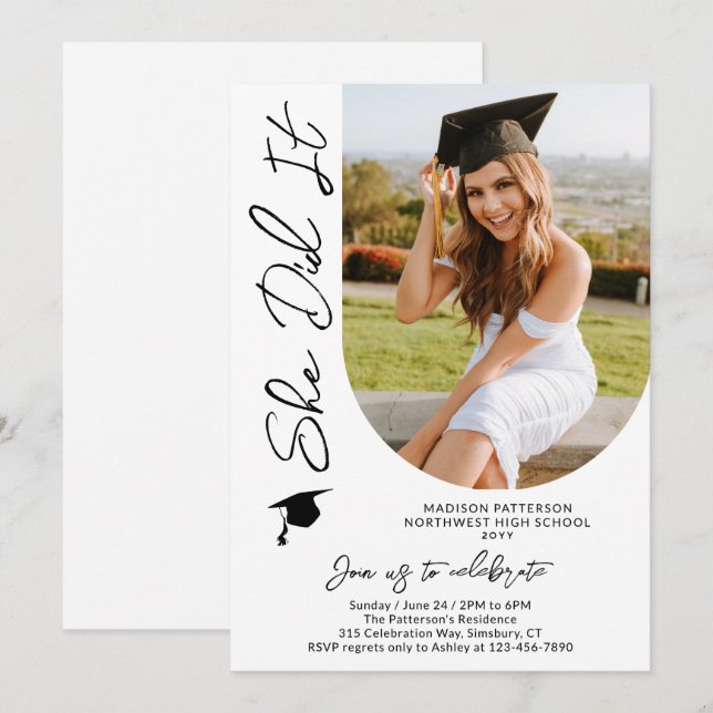 Foto Graduation Party Modernes, elegantes Skript Einladung (Vorne/Hinten)