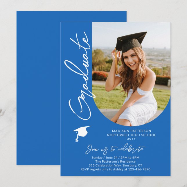 Foto Graduation Party Modernes, elegantes Skript Einladung (Vorne/Hinten)