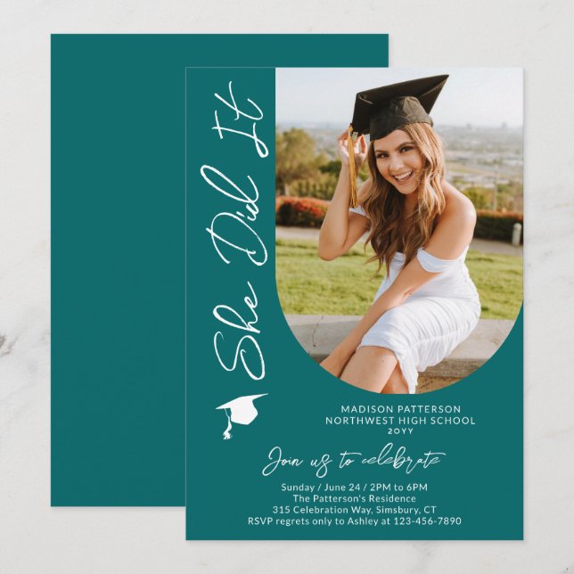 Foto Graduation Party Modernes, elegantes Skript Einladung (Vorne/Hinten)