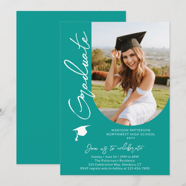 Foto Graduation Party Modernes, elegantes Skript Einladung (Vorne/Hinten)
